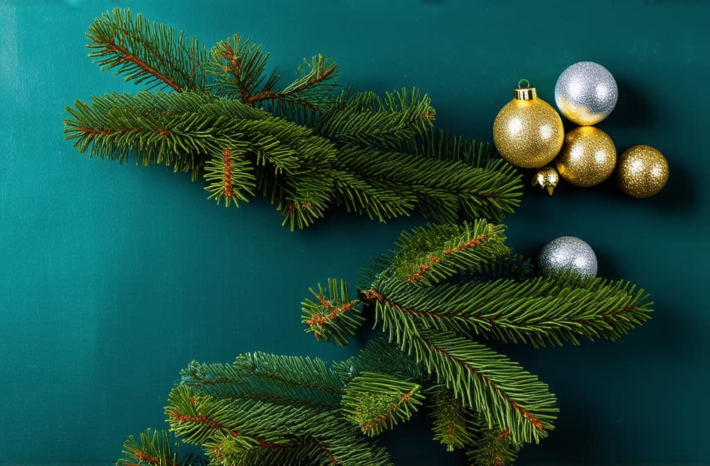  professional detailed photography, new year vertical dark turquoise background with gold and silver balls on fir branches with space for text ar 3:2, (muted colors, dim colors, soothing tones), (vsco:0.3)