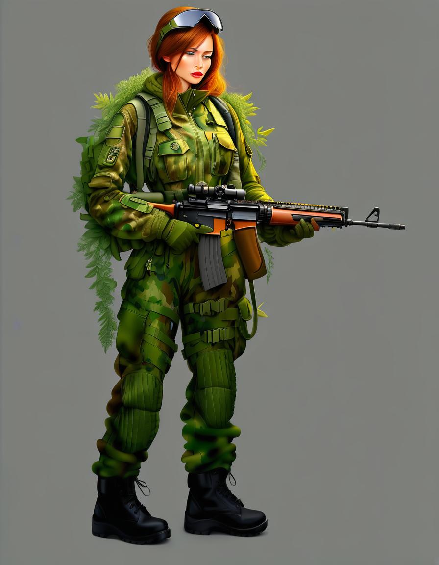  breathtaking please make detailed art of women in camouflage suit . award winning, professional, highly detailed