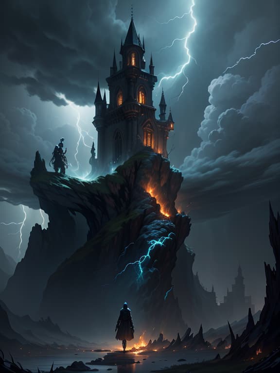  master piece, best quality, ultra detailed, highres, 4k.8k, demon, controlling the storm with outstretched arms,, sinister, break supernatural entity controlling a storm., cliff, dark clouds, lightning, dark rocks, old ruins, break foreboding and ominous, crackling lightning, swirling winds, creature00d