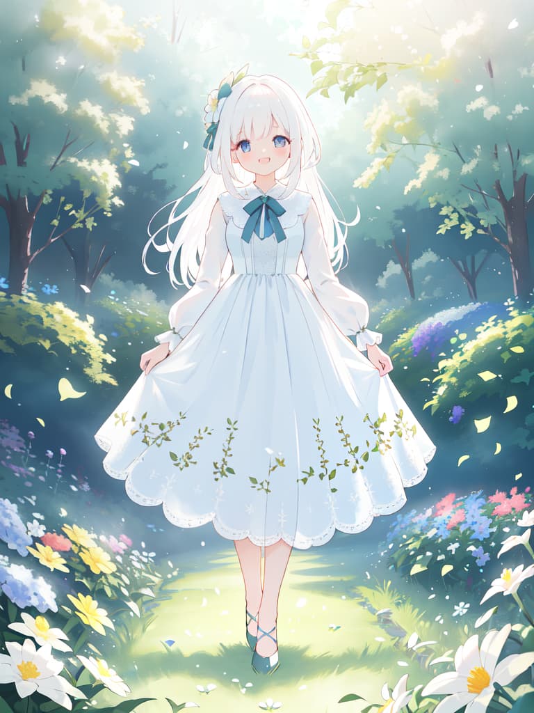  young , dress, flower garden, long hair, laughing, running, white hair, masterpiece, best quality,8k,ultra detailed,high resolution,an extremely delicate and beautiful,hyper detail hyperrealistic, full body, detailed clothing, highly detailed, cinematic lighting, stunningly beautiful, intricate, sharp focus, f/1. 8, 85mm, (centered image composition), (professionally color graded), ((bright soft diffused light)), volumetric fog, trending on instagram, trending on tumblr, HDR 4K, 8K