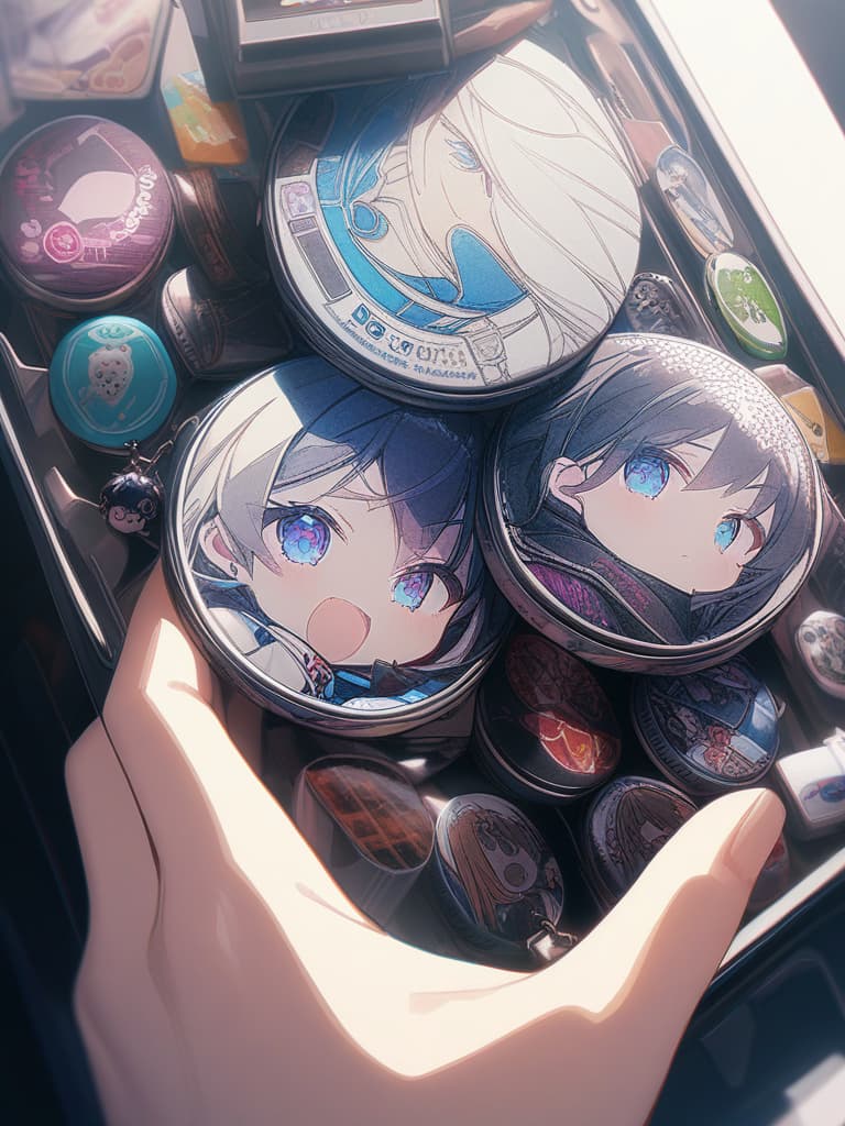  heisei, girls, game machine, anime girls, keychains, can badge, masterpiece, best quality,8k,ultra detailed,high resolution,an extremely delicate and beautiful,hyper detail