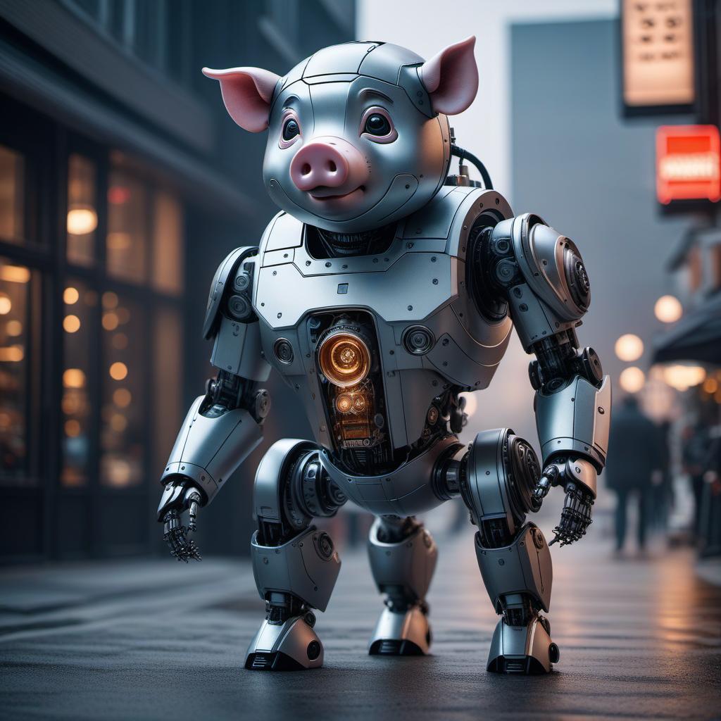  robot pig hyperrealistic, full body, detailed clothing, highly detailed, cinematic lighting, stunningly beautiful, intricate, sharp focus, f/1. 8, 85mm, (centered image composition), (professionally color graded), ((bright soft diffused light)), volumetric fog, trending on instagram, trending on tumblr, HDR 4K, 8K