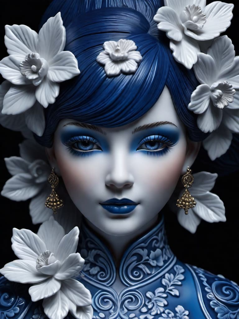  Close-up porcelain female figurine, looking to the camera, glossy surface, glaze, shiny, blue floral tattoos on her, dark gradient background, baroque dark style, hyperrealistic, CG society, intricate details