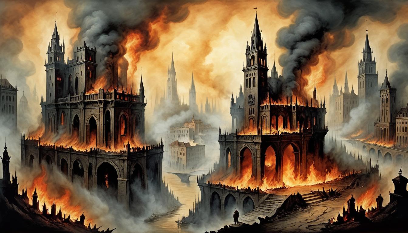  on parchment, surrealism+++, burning cityscape, engulfed in flames, no mercy in sight, total destruction(mysterious, provocative, symbolic,muted color)+++