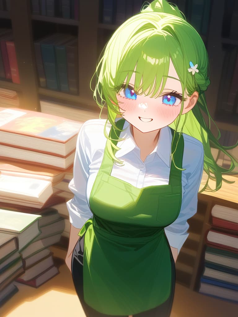  (hd:1.3),(4k 8k:1.5)apron,black pants,clothing,collared shirt,green apron,hair accessory,long sleeves,pants,polka dot pattern,long ponytail,scrunchie,shirt,tied hair,white shirt,blue eyes,green hair,(very smile:1.3),(blush:1.2),(inside a library filled with books) woman,long hair,standing