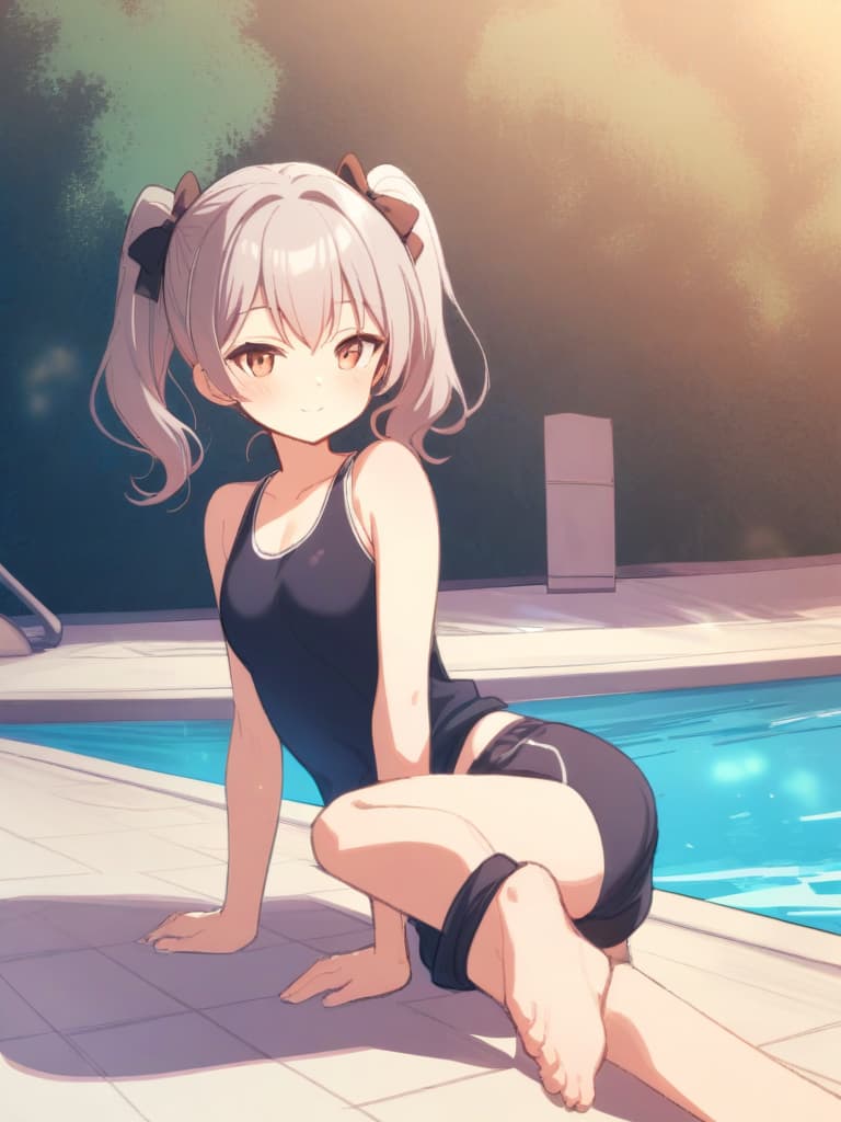  women's elementary students (male), twin tails, cute smiles, (rich s), low stature, dark blue swimwear, old swimwear, , simple (upward), male , (bulge), shaped clear , front , whole body, pool side,