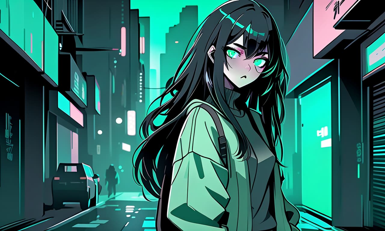  techwear fashion a girl in anime style with long black hair stands on an empty and night street dressed in a sweater of warm pastel green color and pants. the girl looks into the darkness with black lower eyelids under the eyes full of fear of the unknown and curiosity, and the bright turquoise eyes themselves stand out against the background of everything. the image uses warm and bed tones . futuristic, cyberpunk, urban, tactical, sleek, dark, highly detailed