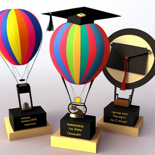  create a cartoon 3d ptrinted trophy containing a a hot air balloon and a graduation cap add random cartoon stuff