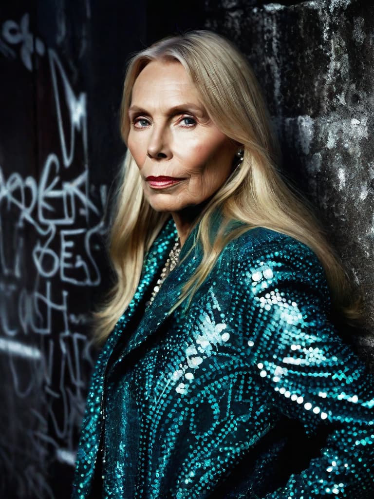  A younger Country singer Joni Mitchell, medium shot, upper body, spotlight, long exposure lighting, street art style spray paint, glamour lighting