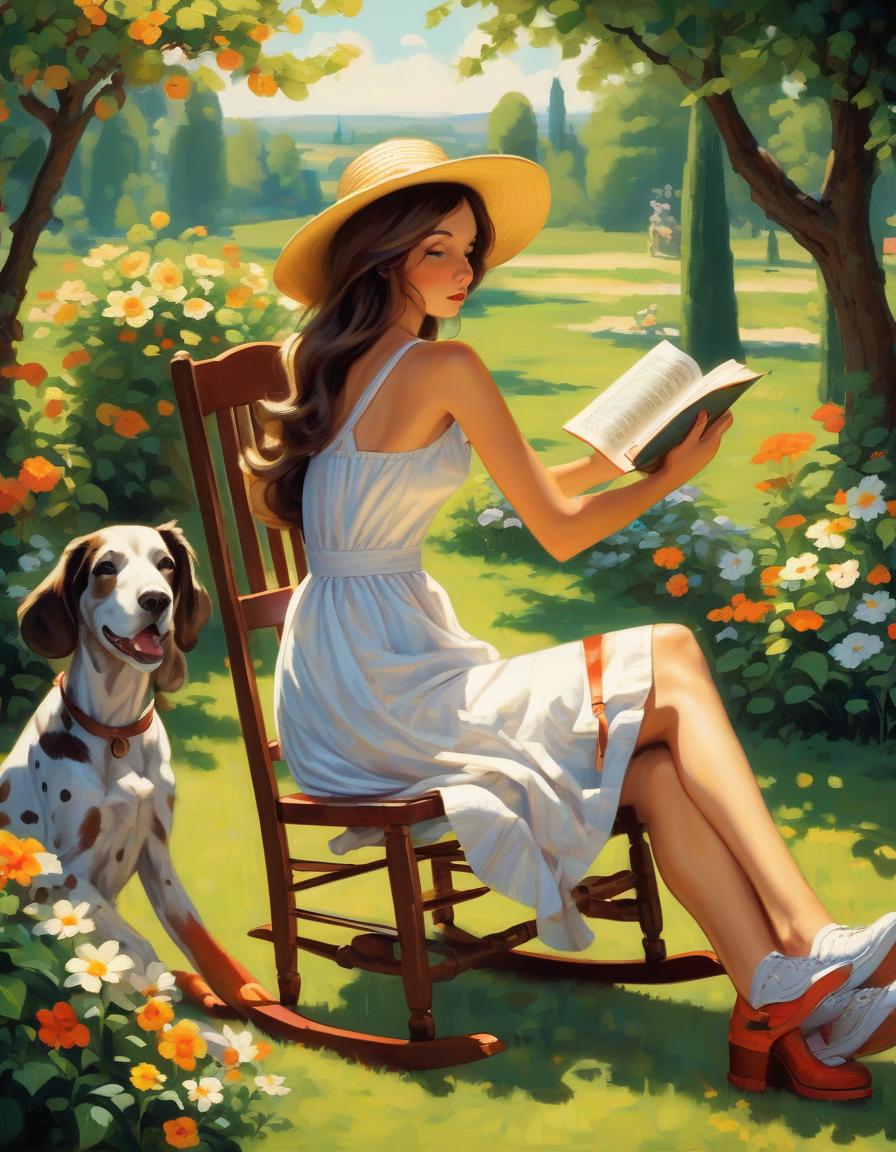  retro game art the girl is very beautiful in the summer garden in a rocking chair reads a book, her hair is beautifully laid in her hair, a summer straw hat, a light cotton sundress, at the feet of the girl there is a hound, white with black spots, a sunny day, green trees are permeated with the sun, picturesque canvas, acrylic paints, style, nesterova. . 16 bit, vibrant colors, pixelated, nostalgic, charming, fun