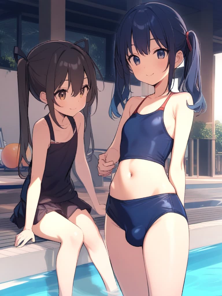  women's elementary students, twin tails, rich smiles, cute smiles, navy blue swimwear, old swimwear, swimwear, simple, male, shaped clear , shaped clear, clear stem, shaped crisp, male bulge,, front. the whole body, pool side,