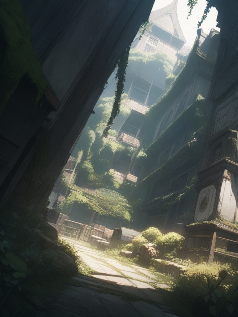  a lot of decayed buildings, large amounts of moss and nature, masterpiece, best quality,8k,ultra detailed,high resolution,an extremely delicate and beautiful,hyper detail