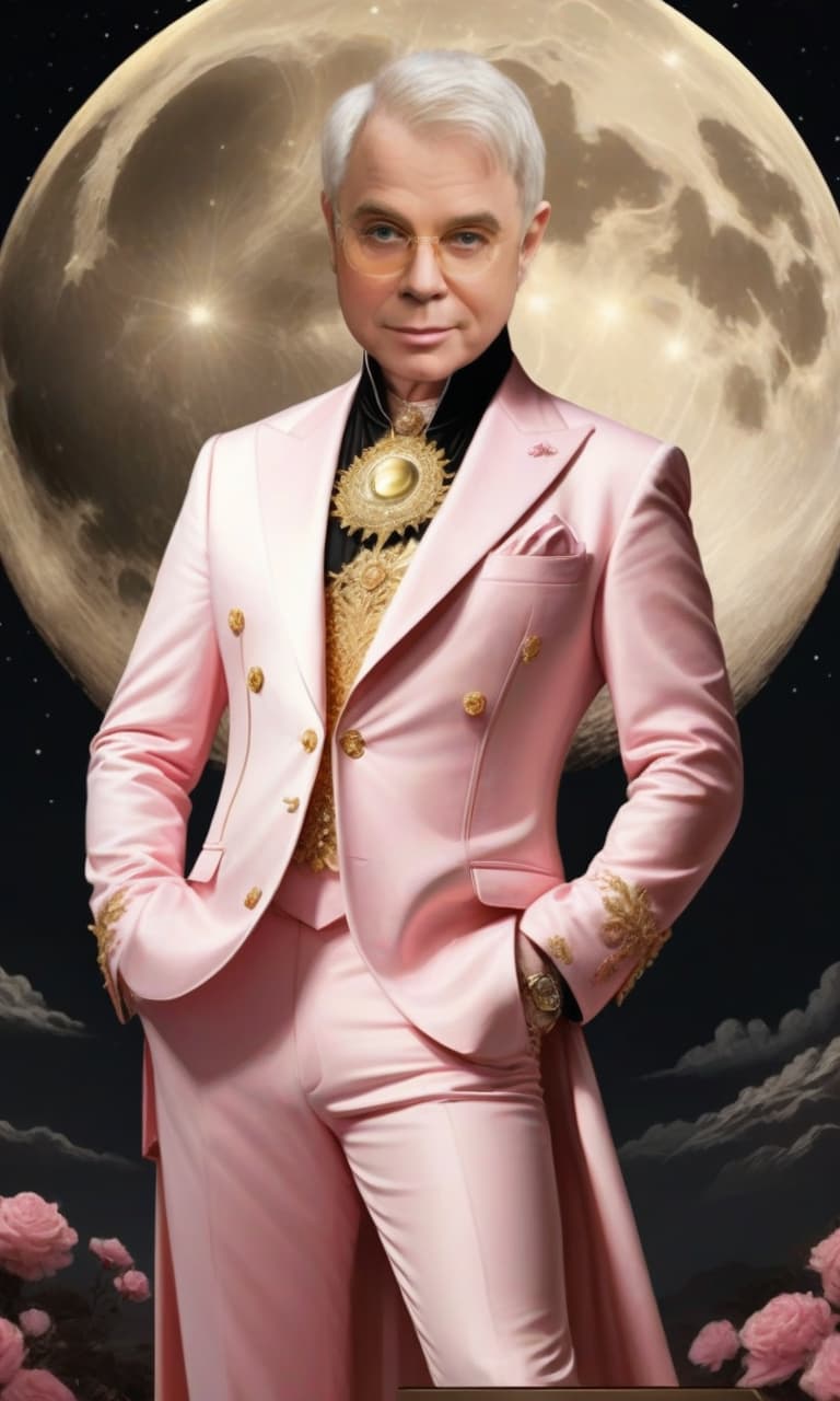  concept art pink, gold, black, white amid the huge golden moon of young elton john . digital artwork, illustrative, painterly, matte painting, highly detailed, perfect hands