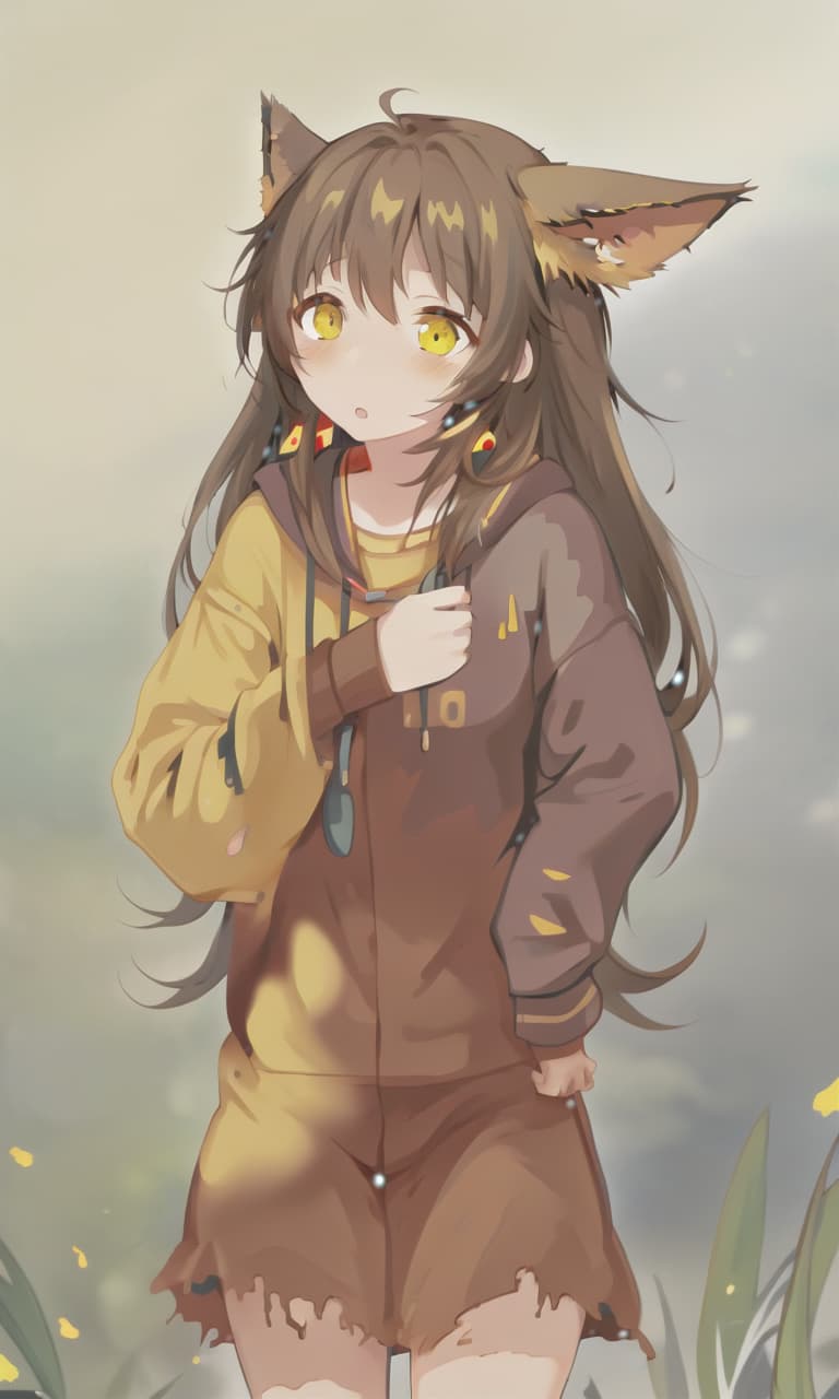  torn clothes, joyful look, yellow eyes, brown hair, brown ears