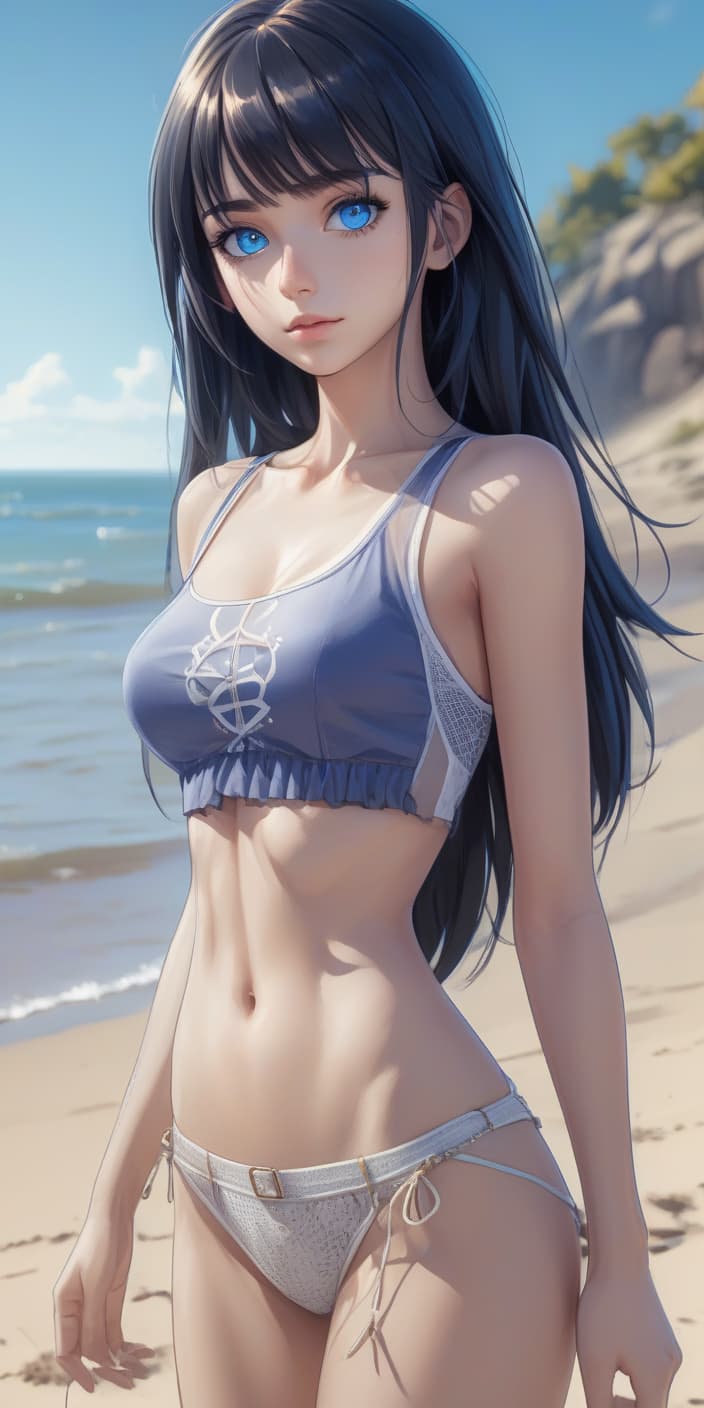  hdr photo of girl. s. full height. thin waist. thin lips. straight thin nose. chin. blue eyes. black straight hair. light skin. on the beach, anime style. mesh . high dynamic range, vivid, rich details, clear shadows and highlights, realistic, intense, enhanced contrast, highly detailed