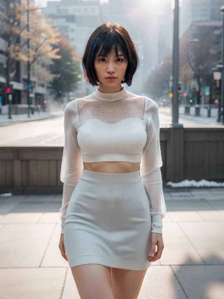  women, women, 1, bangs, clothes, black hair, asian face, sauce, and short hair, masterpiece, best quality,8k,ultra detailed,high resolution,an extremely delicate and beautiful,hyper detail hyperrealistic, full body, detailed clothing, highly detailed, cinematic lighting, stunningly beautiful, intricate, sharp focus, f/1. 8, 85mm, (centered image composition), (professionally color graded), ((bright soft diffused light)), volumetric fog, trending on instagram, trending on tumblr, HDR 4K, 8K