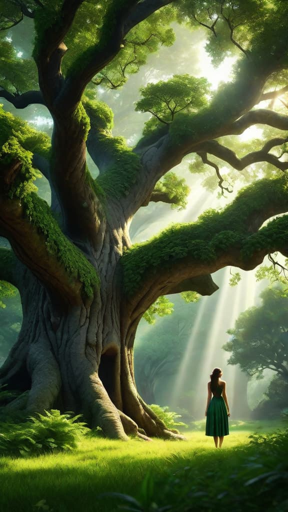  (photorealistic:1.2), (high detail:1.1), stunning digital art, young gazing in awe at towering ancient oak tree, sunlight filtering through lush green leaves, magical atmosphere enhancing her wonder and curiosity, clear details, best quality, extremely detailed cg 8k wallpaper, volumetric lighting, hyper realistic digital art.