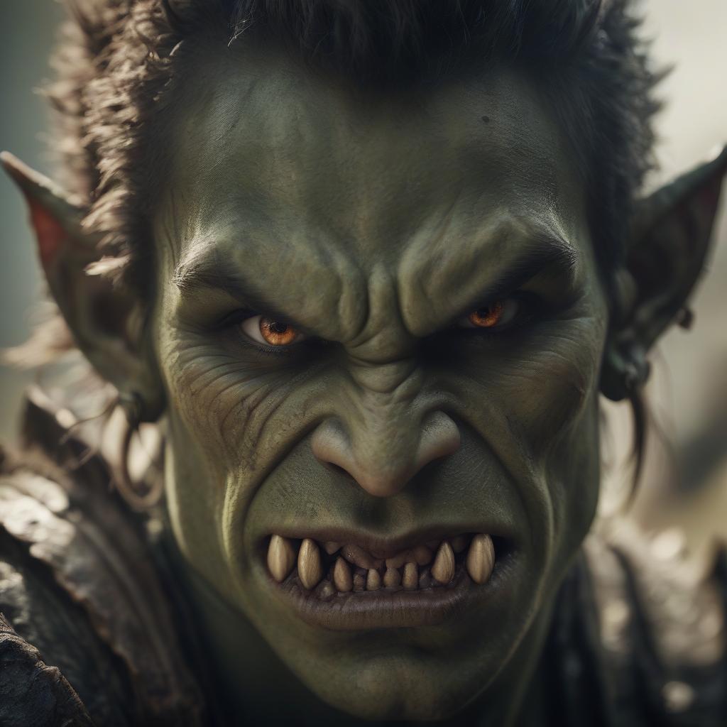  cinematic film still young orc. fangs. brown eyes, thin, . shallow depth of field, vignette, highly detailed, high budget, bokeh, cinemascope, moody, epic, gorgeous, film grain, grainy