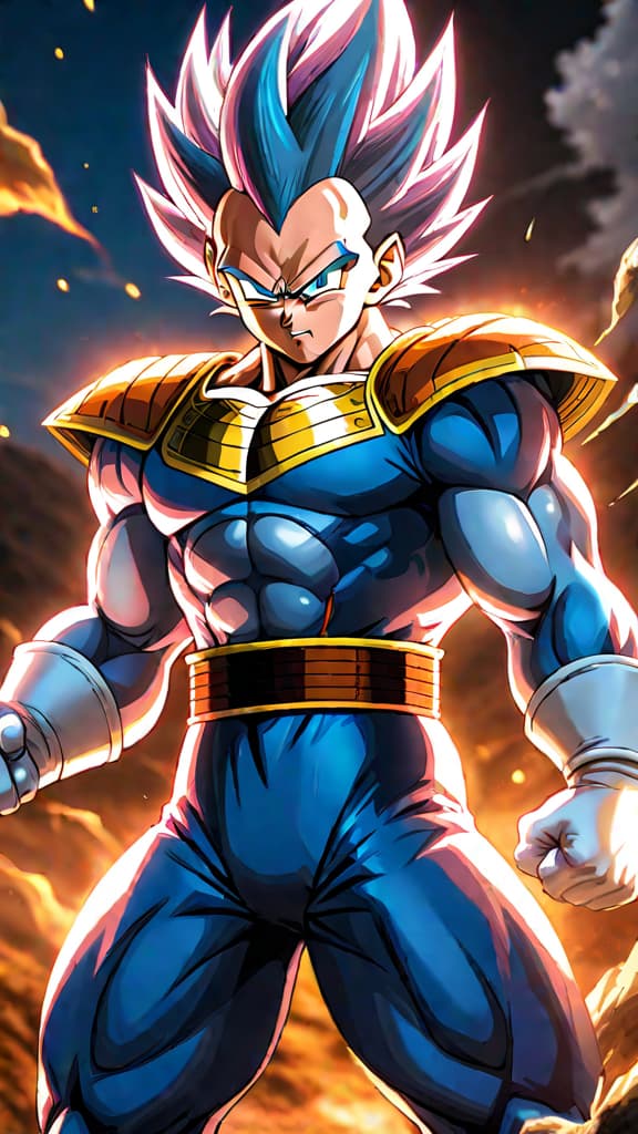  create an anime art showing vegeta's ultra ego overpowering goku's ultra instinct in a fierce battle. hyperrealistic, full body, detailed clothing, highly detailed, cinematic lighting, stunningly beautiful, intricate, sharp focus, f/1. 8, 85mm, (centered image composition), (professionally color graded), ((bright soft diffused light)), volumetric fog, trending on instagram, trending on tumblr, HDR 4K, 8K