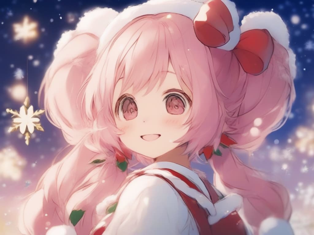  1girl,christmas,medium hair(twin tail),black eyes,cute,smile,santa cosplay,pink hair color