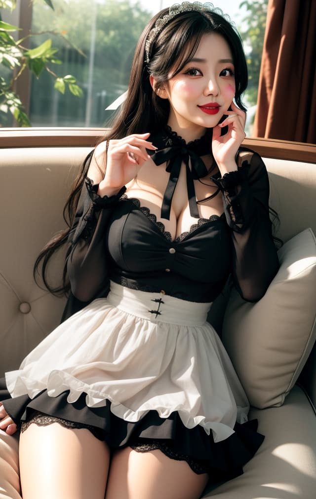  (32K, Real, RAW Photo, Best picture quality: 1.4), (((Beautiful big eyes, Double eyelids))), (((Actress: Nozomi Honda,))), (((Big smile))), (Black hair), (Wavy long hair)), Full anatomical body, (Delicate and beautiful eyes: 1. 3)), (((Couch, big thighs))) (((Couch, big thigh-open))), (((natural light))), (((Gothic Lolita fashion))), (((mini skirt))), (((thigh exposed))), (((natural light))), (portrait, front, face focus, upper body, face forward, facing viewer, (((blow kiss, throw kiss, one eye Close))), (Kissing mouth: 1.4), (Reaching out: 1.2)), hyperrealistic, full body, detailed clothing, highly detailed, cinematic lighting, stunningly beautiful, intricate, sharp focus, f/1. 8, 85mm, (centered image composition), (professionally color graded), ((bright soft diffused light)), volumetric fog, trending on instagram, trending on tumblr, HDR 4K, 8K