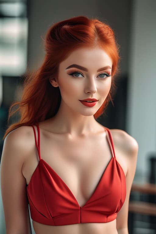  red head highly detailed photo sharp details best quality 4k raw photo female red hair young close up front view soft focus vivid colors bright colors cosmetic smile glamorous makeup semi professional style, woman, blowing a 