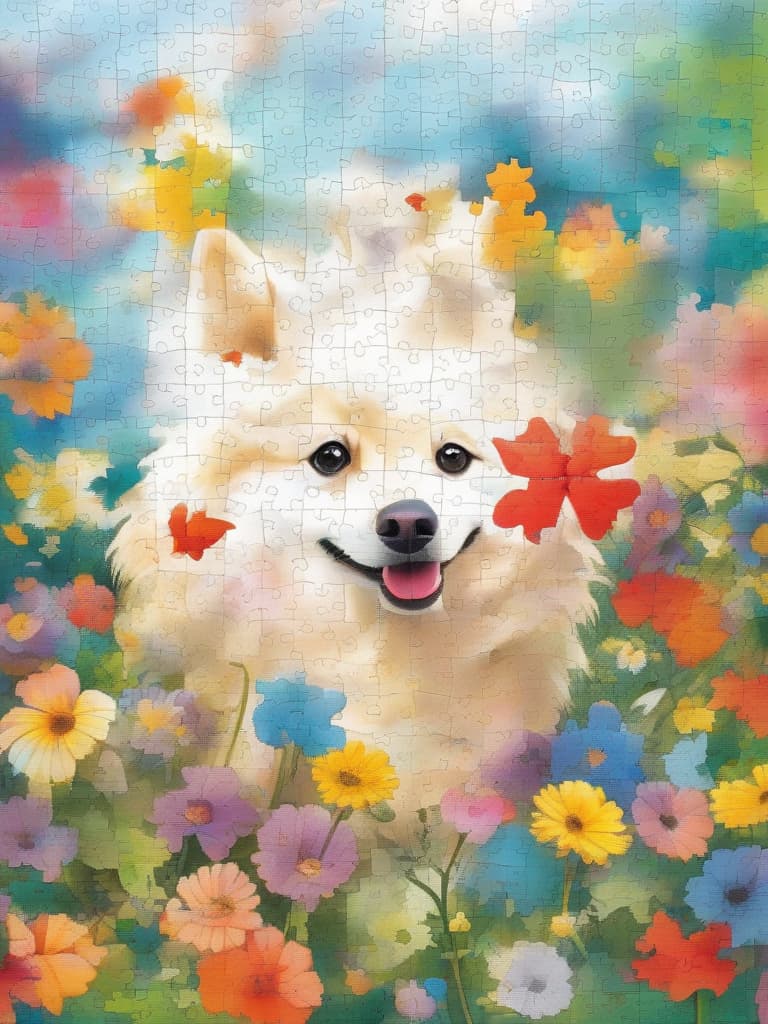  (((jigsaw puzzle like screen,composition)))(((each piece is clearly separated by white,each piece is large))) master piece (1 cute dog,pomeranian)(jigsaw puzzle like composition)(1 piece missing,white out) super analysis,high quality,8k