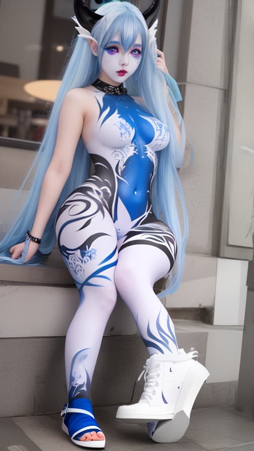  Blue and silver flame pattern body paint in every corner of the whole body, Blark body paint full body,White face paint on the face, two succubuses, full body image 女の子