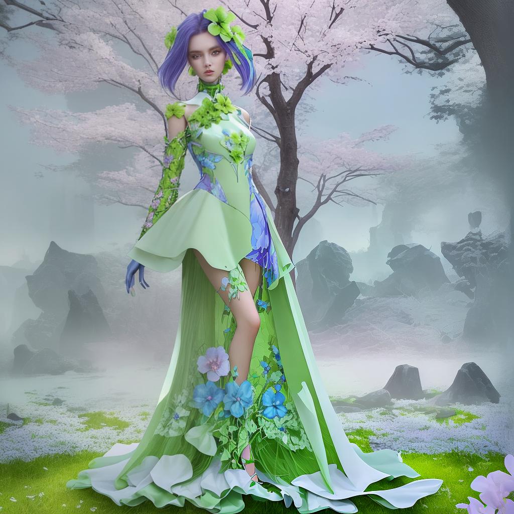  modern futuristic spring no model no human fashion sprouting dress as flower clother and natuke as one mash up clothes as nature