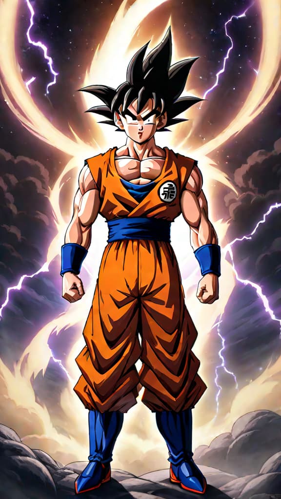  anime art of goku from dragon ball z embodying the legendary super saiyan prophecy against frieza's threat. hyperrealistic, full body, detailed clothing, highly detailed, cinematic lighting, stunningly beautiful, intricate, sharp focus, f/1. 8, 85mm, (centered image composition), (professionally color graded), ((bright soft diffused light)), volumetric fog, trending on instagram, trending on tumblr, HDR 4K, 8K