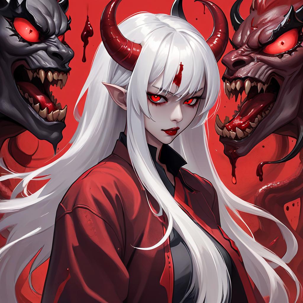  advertising poster style demon , white hair, asian, red shades, blood on the face, . professional, modern, product focused, commercial, eye catching, highly detailed