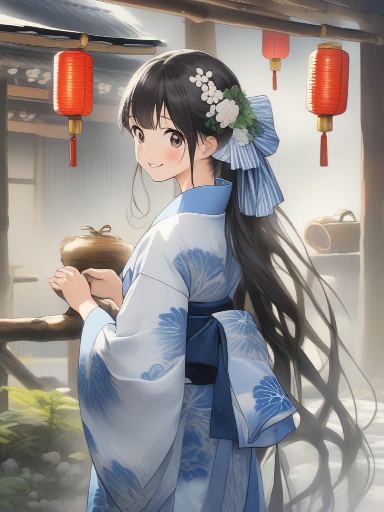  long hair, black hair, yukata maid, japanese style maid, graceful, white apron, masterpiece, best quality,8k,ultra detailed,high resolution,an extremely delicate and beautiful,hyper detail