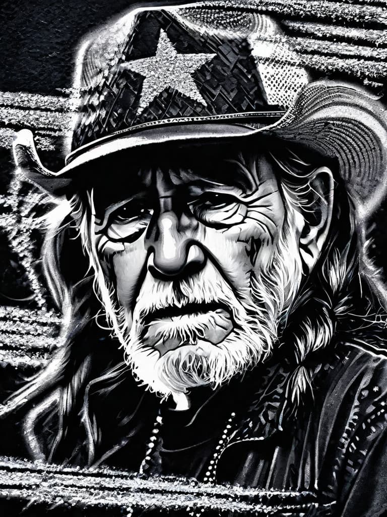  Singer Willie Nelson, medium shot, upper body, spotlight, long exposure lighting, street art style spray paint, glamour lighting