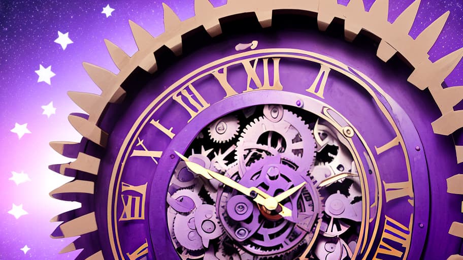  picture against a star background a purple clock with gears around it