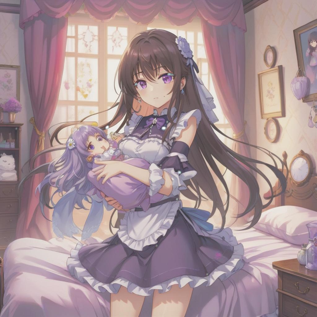  anime artwork 2, dark long hair folded into a bundle, purple eyes, open maid's outfit,cutout on the , small silver earrings, the bedroom . anime style, key visual, vint, studio anime, highly detailed