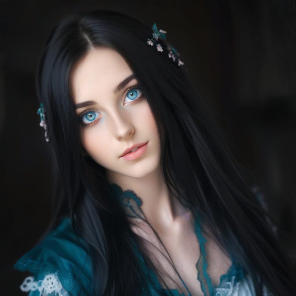  young , with black long hair, beautiful eyes, with a gentle look