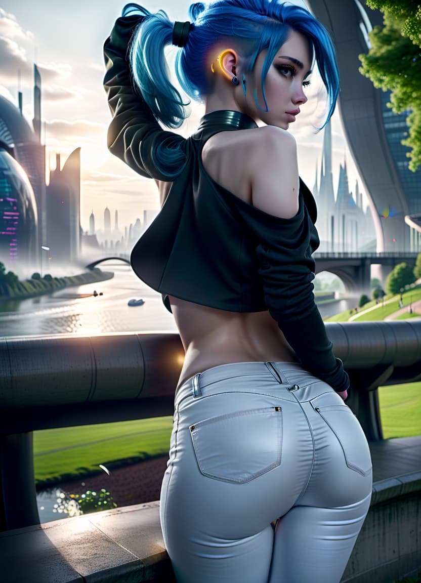  sci fi style a back view, a girl with blue hair gathered in a ponytail, gray eyes, a black wool top, white tight jeans, a round ass, a large bust, against the background of a city park with a river. . futuristic, technological, alien worlds, space themes, advanced civilizations, civitai, perfecteyes, glowneon