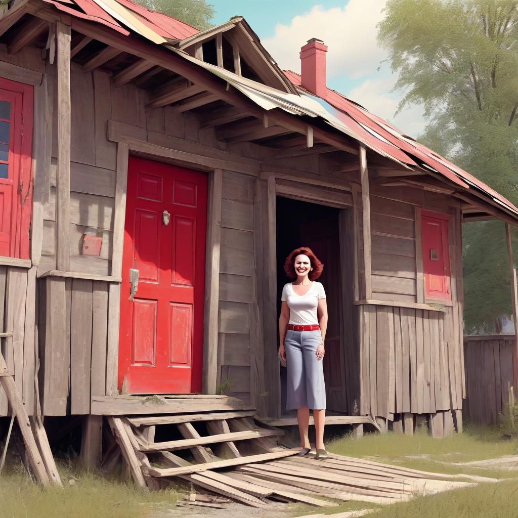  middle aged woman on the threshold of a dilapidated two story wooden house, smiling, distant picture, red door, colored comic book style