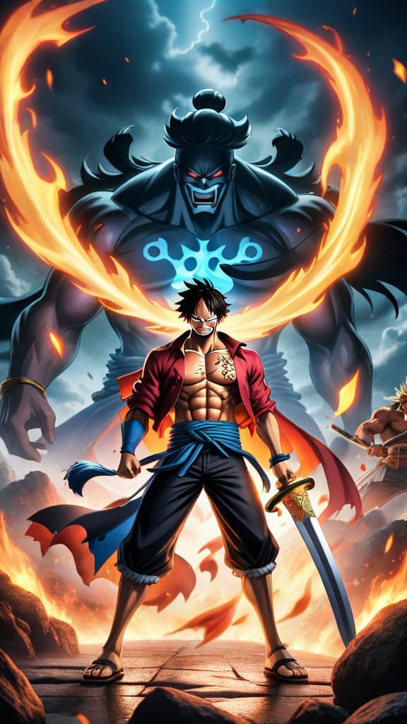  anime art kozuki oden from one piece fiercely battling kaido with dual swords enma and ame no habakiri hyperrealistic, full body, detailed clothing, highly detailed, cinematic lighting, stunningly beautiful, intricate, sharp focus, f/1. 8, 85mm, (centered image composition), (professionally color graded), ((bright soft diffused light)), volumetric fog, trending on instagram, trending on tumblr, HDR 4K, 8K