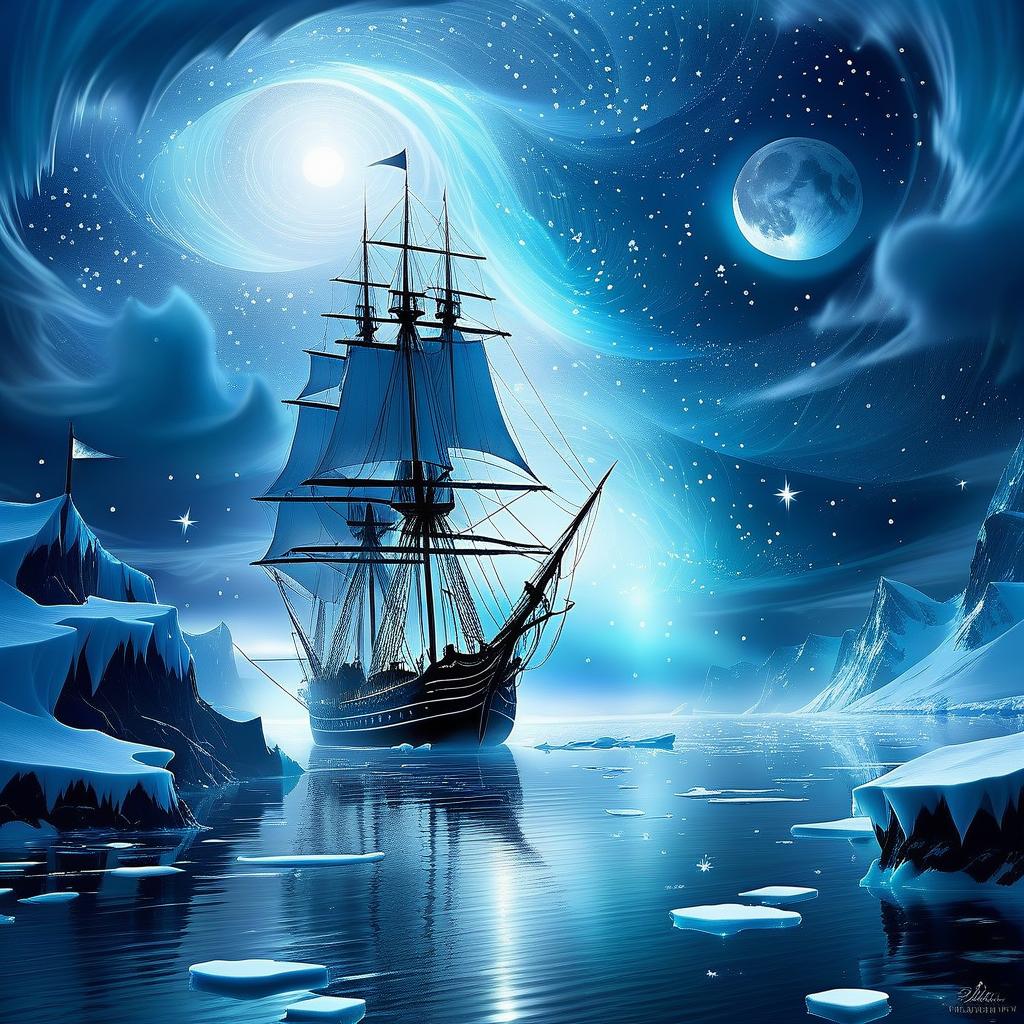  dreamscape we're sailing on an ice floe, like a brigantine on the grey, rugged the seas and all through the night star bears shining their light ♪ to ships far away ♪ . surreal, ethereal, dreamy, mysterious, fantasy, highly detailed