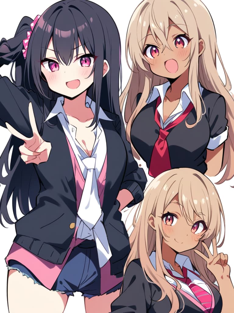  1,,best quality,medium s,narrow waist,skinny,(highres,ultra detailed,8k),black hair,(dark skin),pink eyes,tsurime,one side up hair,black sweater vest,short sleeves,red and black checked ,collared shirt,eyeliner,<lora:saya gyaru:1>,v,smile,open mouth,head tilt,(white background,simple background:1.2),contrapposto,hand on hip,