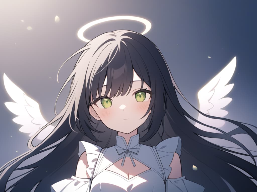  style: anime,delicate brushstrokes,soft colors,gentle shading,and thin outlines. emphasize detailed and expressive eyes. character: a girl with long,straight black hair and soft bangs,wearing an elegant white dress with frills and ribbons.features: angelic aura,with wings and a faint glowing halo above her head. mood: serene and slightlymelancholic expression,soft lighting for a peaceful atmosphere