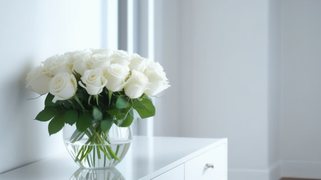  White roses stand in a vase against the background of a wall with a beautiful ornament and part of the interior of a white apartment is visible, a chest of drawers, a sofa, a table, ((place for text)), sunlight, style minimalism ar 16:9 high quality, detailed intricate insanely detailed, flattering light, RAW photo, photography, photorealistic, ultra detailed, depth of field, 8k resolution , detailed background, f1.4, sharpened focus