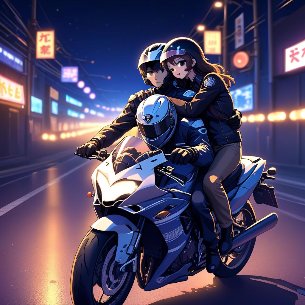  anime artwork at the wheel of a motorcycle sits a guy in a motorcycle helmet, and behind him sits a girl and hugs this guy, against the background of the night lights of an empty track, a picture in motion, the location of the couple's rice side, and not face in the camera . anime style, key visual, vibrant, studio anime, highly detailed