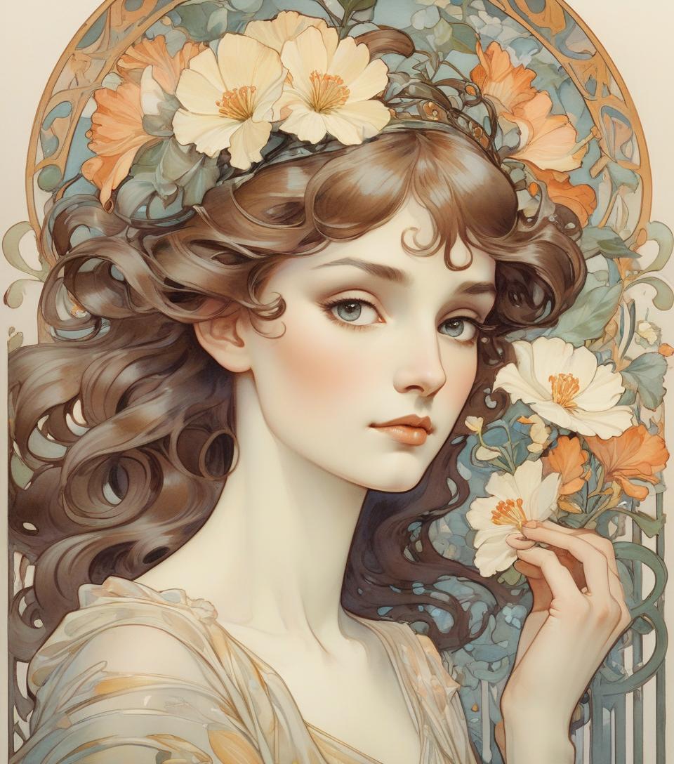  depicting a beautiful woman with flowers , (audrey hepburn:0.8), highly detailed watercolor, the style of alphonse maria mucha and gustave kielmuth, art nouveau accents, fairy tale princess, anthropomorphic woman, female image, detailed cover design, as a flower god, alphonse mucha, by gustav klimt, pale skin, marble sculpture, society, gothic art, art nouveau, winner of the behance competition