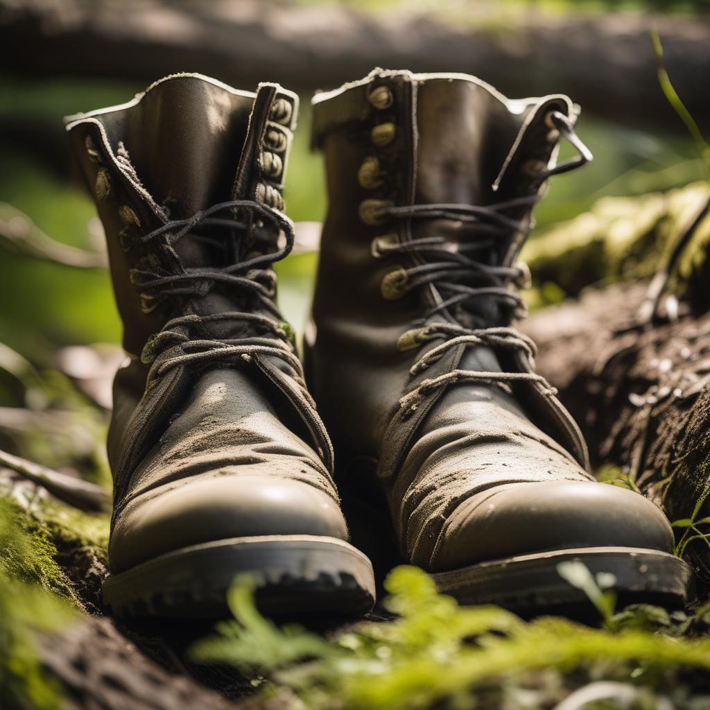  masterpiece, best quality, A pair of weathered combat boots covered in mud and dirt, sitting in a lush green forest clearing. The sun filters through the canopy, casting dappled light on the boots, highlighting their rugged texture and worn laces. The atmosphere is serene yet hints at a sense of adventure and exploration. Photography with a focus on capturing the details and textures of the boots. Natural light creates a soft, diffused glow, enhancing the earthy tones of the scene. Shot with a DSLR camera using a shallow depth of field to create a dreamy, immersive feel.