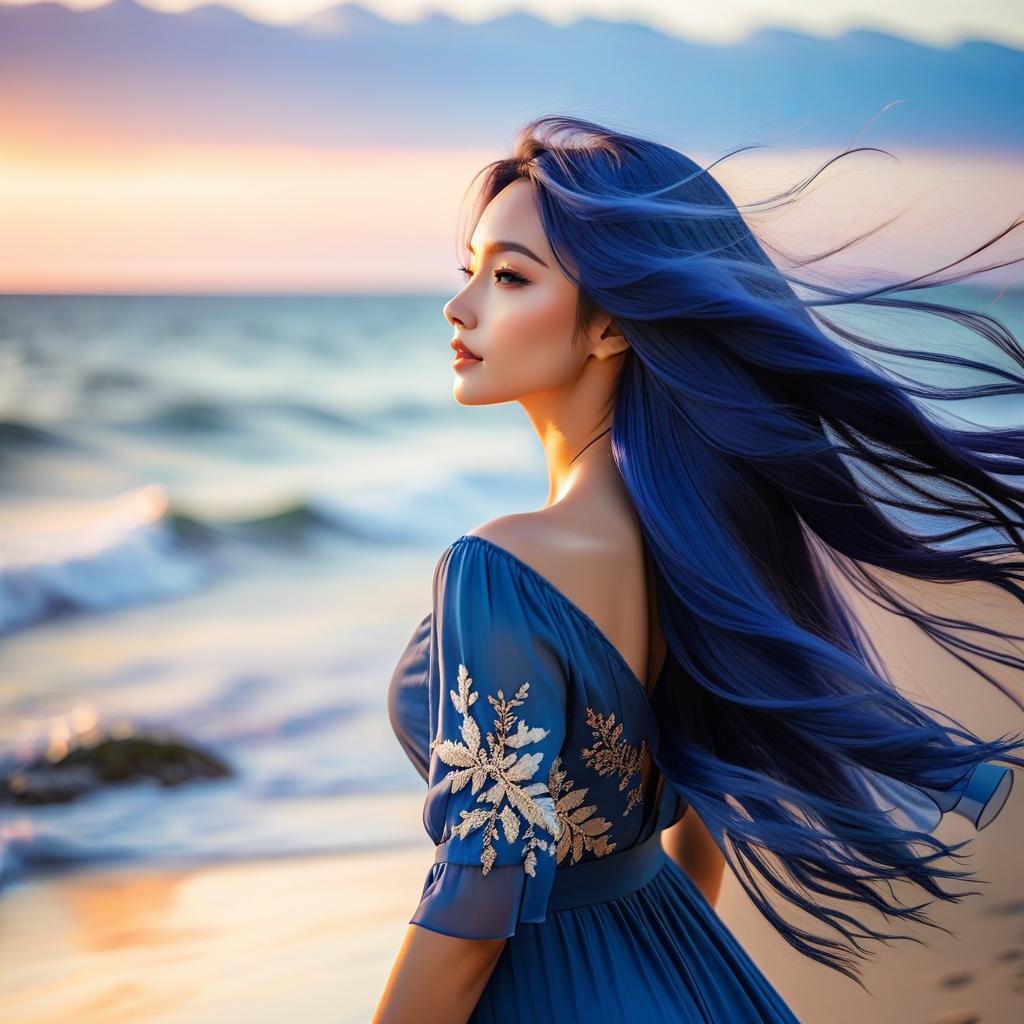  cinematic photo a with long loose indigo hair below the waist, fluttering in the wind, and pale skin stands on the seashore and admires the sunrise, straightening up to her full height. . 35mm photograph, film, bokeh, professional, 4k, highly detailed