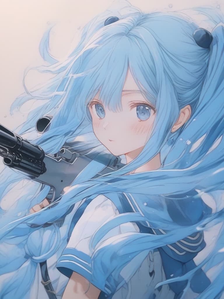  light blue hair, twin tail hair: 1.5, sailor suit and machine gun, masterpiece, best quality,8k,ultra detailed,high resolution,an extremely delicate and beautiful,hyper detail