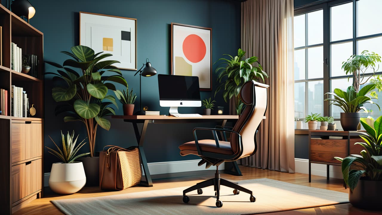  a sleek, modern home office featuring a stylish ergonomic chair with adjustable features, surrounded by a minimalist desk, a computer setup, lush indoor plants, and warm, inviting lighting creating a productive atmosphere. hyperrealistic, full body, detailed clothing, highly detailed, cinematic lighting, stunningly beautiful, intricate, sharp focus, f/1. 8, 85mm, (centered image composition), (professionally color graded), ((bright soft diffused light)), volumetric fog, trending on instagram, trending on tumblr, HDR 4K, 8K