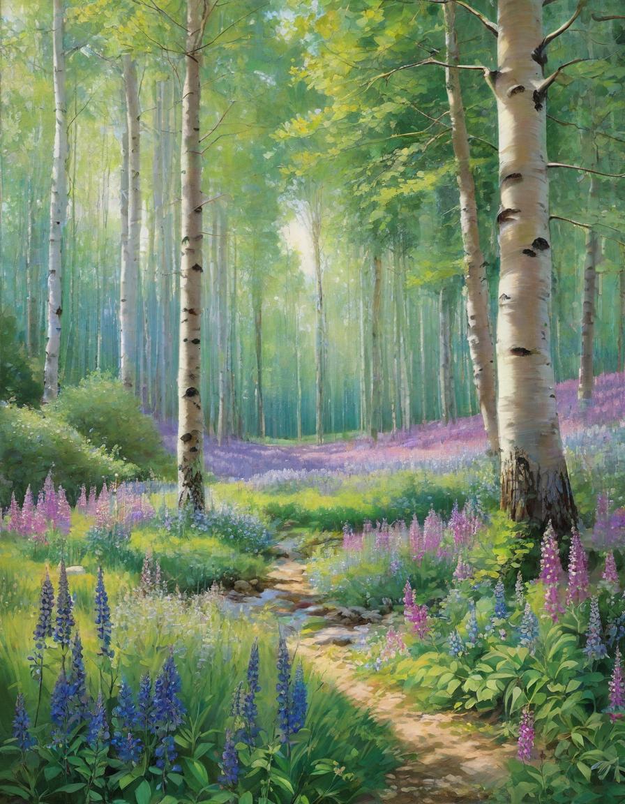  summer landscape, birch grove, lupins, forest flowers, inspired by william holman hunt